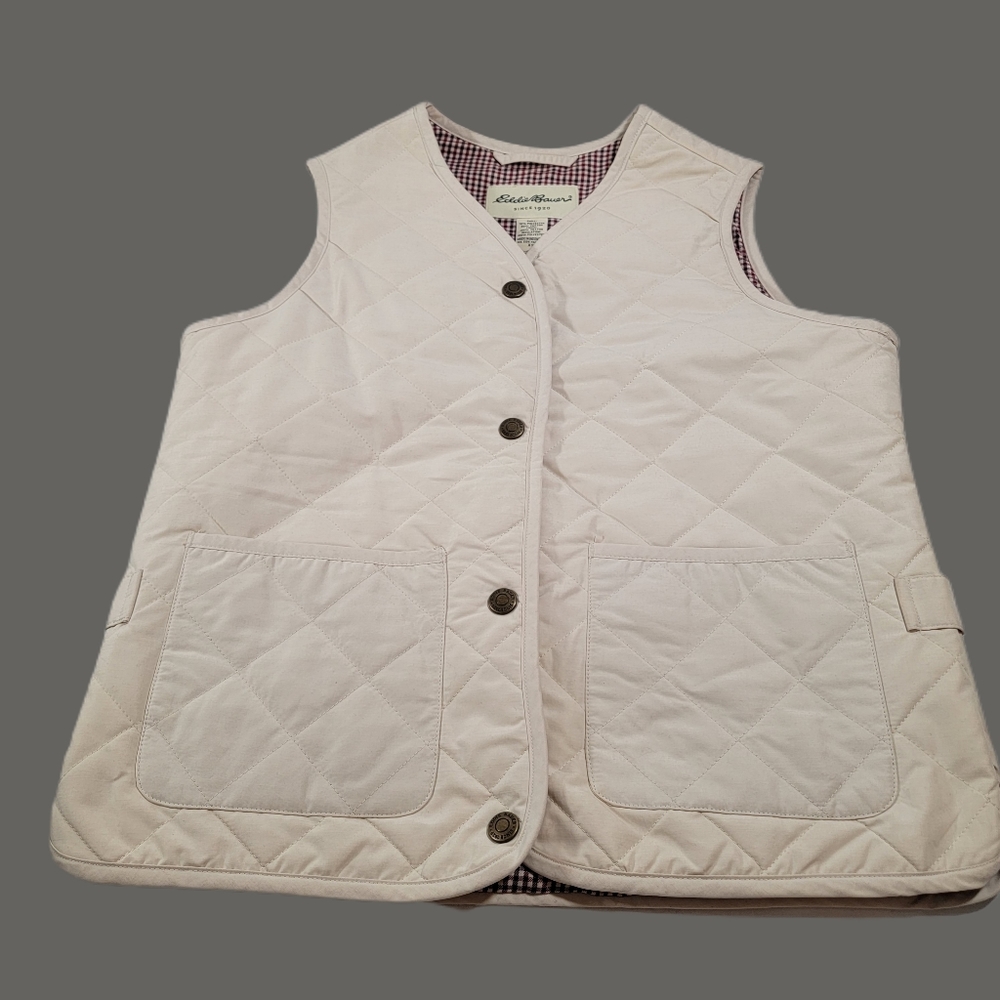 Womens Eddie Bauer XS Quilted Puffer Vest Plaid Lined Creame color. - Picture 1 of 5